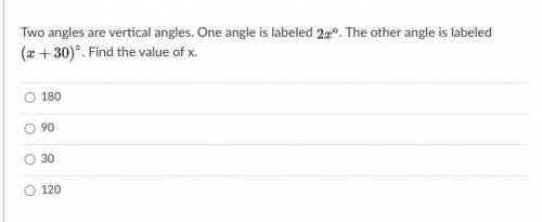 Two angles are vertical angles. One angle is labeled 2x∘. The other angle is labeled

( x +30 ) ∘.