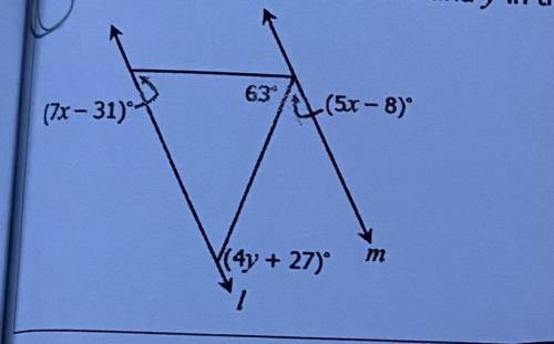 If l is parallel to m, find the values of x and y in the diagram below