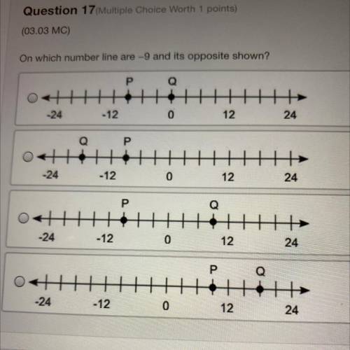 Question 17(Multiple Choice Worth 1 points)

(03.03 MC)
On which number line are -9 and its opposi