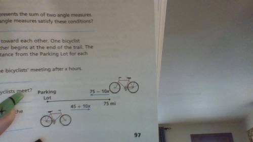 <<
A. Write an equation to represent the bicyclists' meeting after x hours.
B. After how many