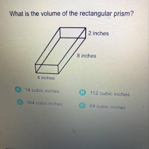 What is the volume of the rectangular prism?
2 inches
8 inches
4 inches