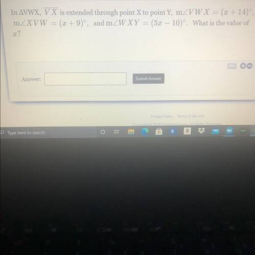 HELPPPPPP I NEED THE ANSWER In AVWX, V X is extended through point X to point Y, mZVWX = (x + 14),
