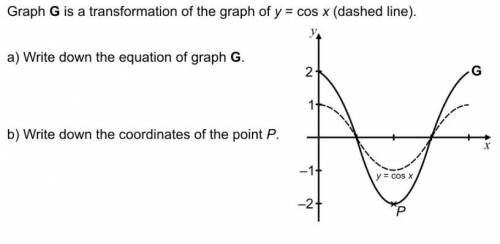 Look at image G is a transformation of the graph cos x (dashed line)

a) write down the equation o