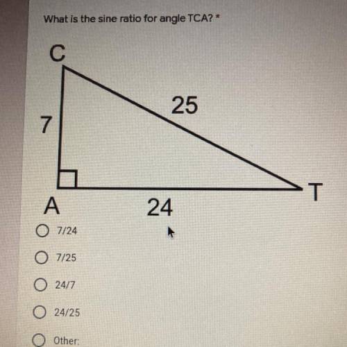 What is the sine ratio for angle TCA?