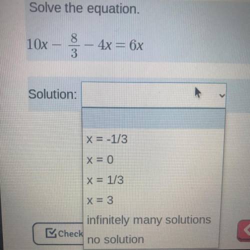 Solve the equation.
10x-8/3-4x=6x
help plz