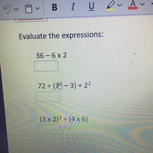Evaluate the expressions:
36 - 6x2
72 = (– 3) + 22
(3 x 2)3 = (4 x 6)