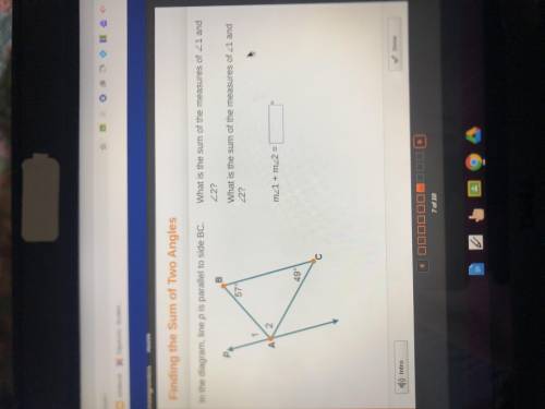 In the diagram line p is parallel to side BC. What is the sum of the measure of angle 1 and angle 2