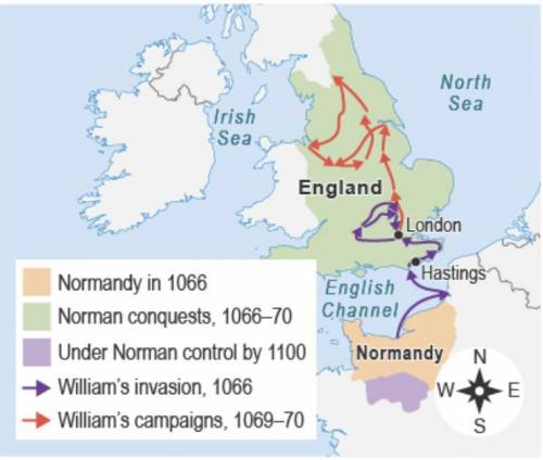 The map shows the lands William conquered.

What was an effect of the battles fought throughout En