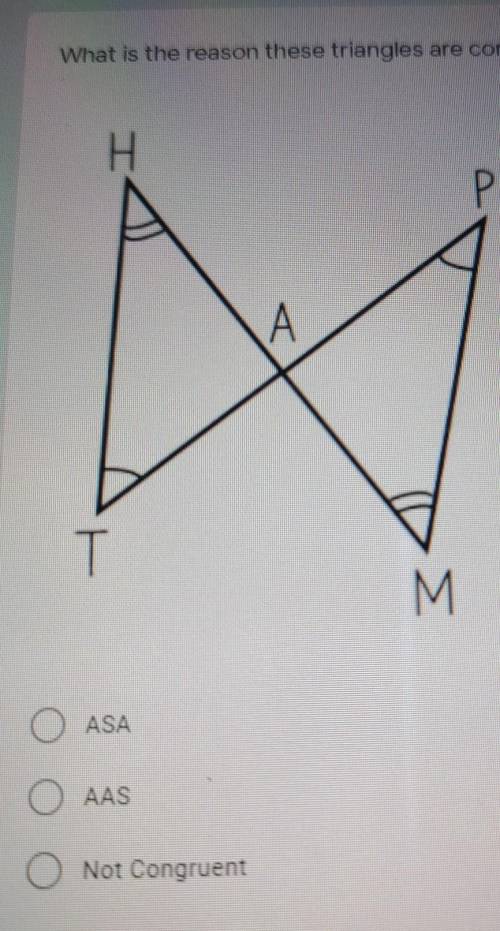 Is this angle side angle, angle angle side, or not congruent.