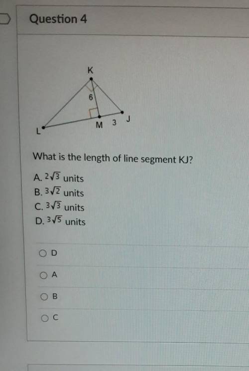 What is the length of line segment KJ?

O 2/3 unitsO 32 unitsM 3 vO 3/3 unitsO 375 units