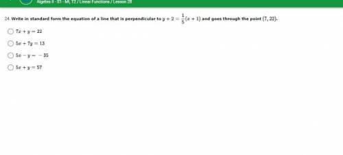 Write in standard form the equation of a line that is perpendicular to y+2 = 1/5 (x+1) and goes thr