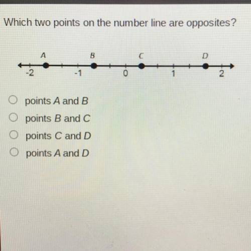 Which two points on the number line are opposites?

B
D
O points A and B
points B and C
O points C