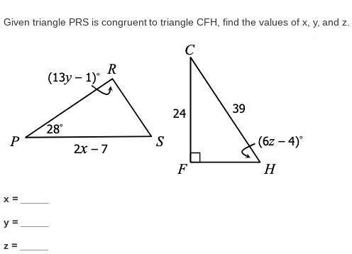 Given triangle PRS is congruent to triangle CFH, find the values of x, y, and z.