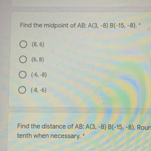 Find the midpoint of AB: A(3,-8) B(-15,-8)