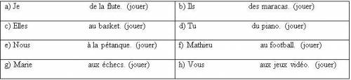 2.- Complétez les phrases avec la conjugaison correcte du verbe jouer. 4 points (0.5 par réponse) p