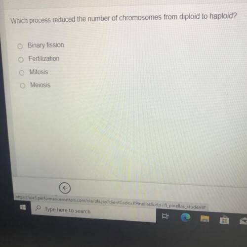 Pls answer asap Which process reduced the number of chromosomes from diploid to haploid?

Binary f
