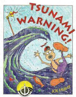 A drawing titled Tsunami Warning showing a person wearing suspenders and a beanie cap caught up in
