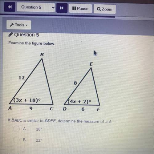 Examine the figure below

If ABC is similar to ADEF, determine the measure of
A) 16
B) 22
C) 33
D)