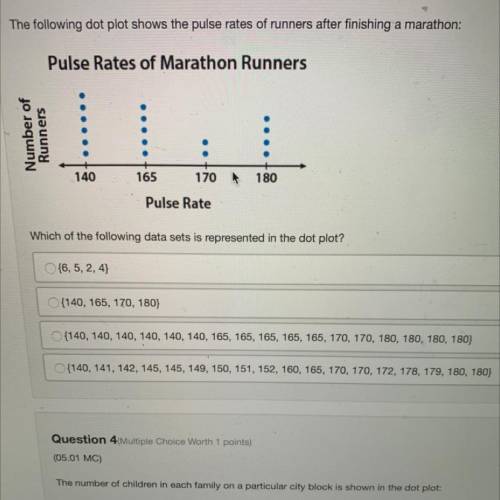 The following dot plots shows the pulse rates of runners after finishing a marathon: