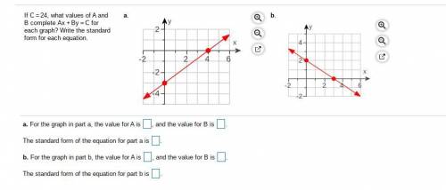 If C = 24, what values of A and B complete Ax + By = C for each graph? Write the standard form for