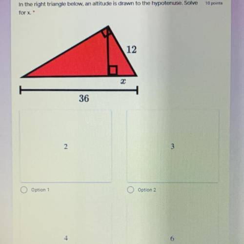 In the right triangle below, an altitude is drawn to the hypotenuse. Solve
for x.