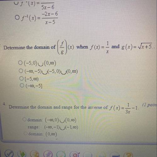 PLEASEE HELP I DONT UNDERSTAND
determine the domain of (f/g)(x) when f(x)=1/x