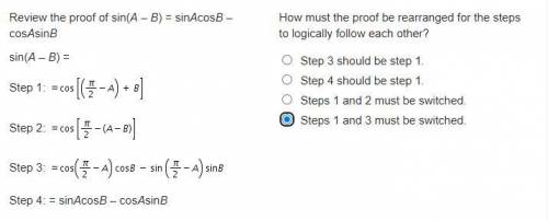 Review the proof of sin(A – B) = sinAcosB – cosAsinB

sin(A – B) = 
Step 1: Equals cosine left-bra