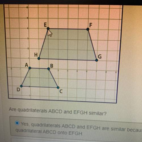 Are quadrilaterals ABCD and EFGH similar?

 
• Yes quadniaterals ABCD and EFGH are similar because