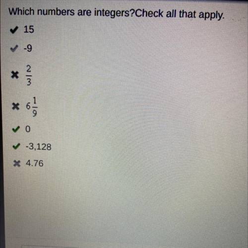 Which numbers are integers?Check all that apply.

O 15
-9
0
0 -3,128
4.76
Ur welcome