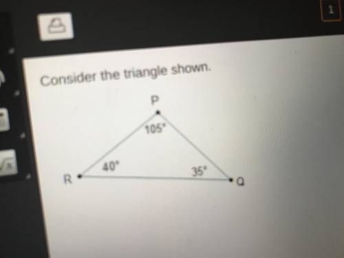Consider the triangle shown.
Which shows the sides in order from longest to shortest?