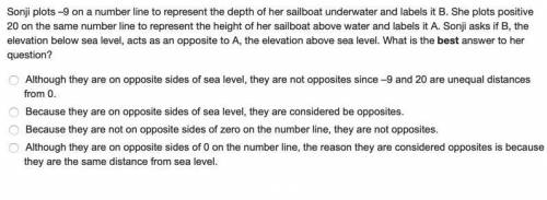 Sonji plots –9 on a number line to represent the depth of her sailboat underwater and labels it B.