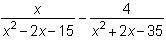 What is the difference?

StartFraction x Over x squared minus 2 x minus 15 EndFraction minus Start