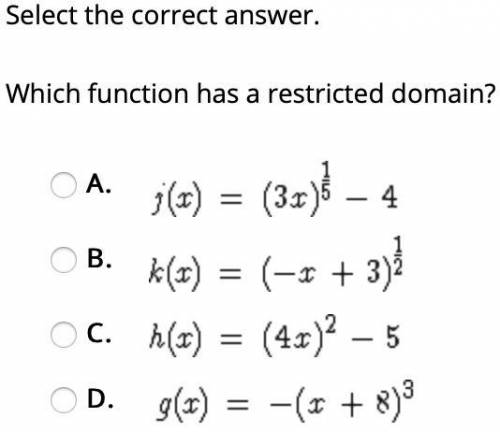 Select the correct answer.
Which function has a restricted domain?