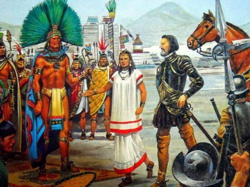 Using the image and quote below, why did the Aztecs believe that Cortes was a god?

The Aztec repr