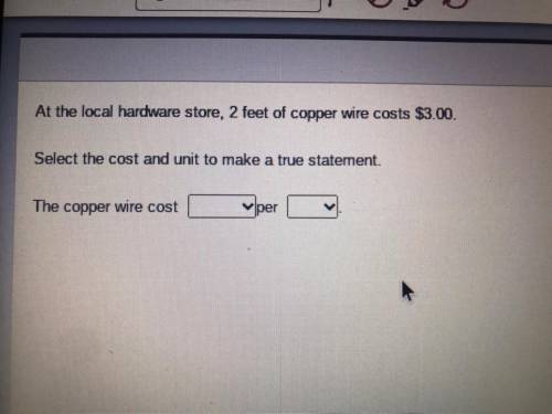 At the local hardware store, 2 feet of copper wire costs $3.00.

Select the cost and unit to make