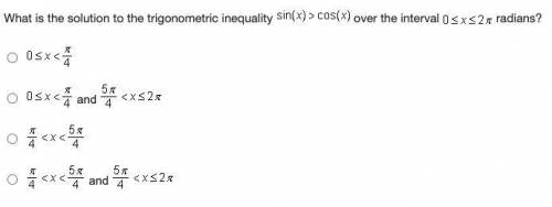 What is the solution to the trigonometric inequality sin(x)>cos(x) over the interval 0<=x<