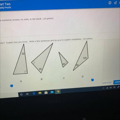 3. Which one of these four triangles is not similar? Explain how you know. Write a few sentences an
