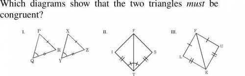 Which diagram shows that the two triangles must be congruent

a. 1 only
b. 2 only 
c. 1 and 2 only