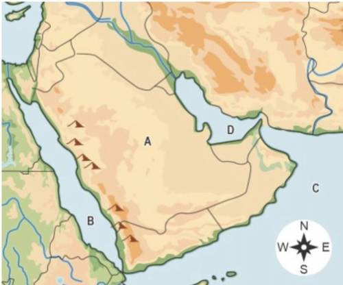 Use the map to choose the letter from the drop-down menus that completes the sentence.

The Arabia