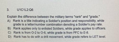 Explain the difference between the military terms rank and grade.