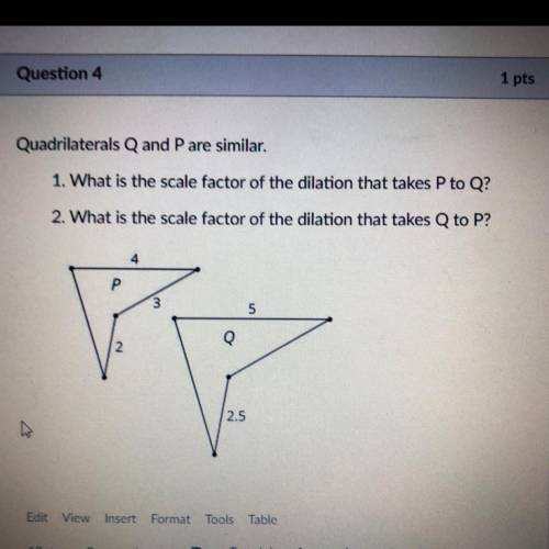 Quadrilaterals Q and P are similar.

1. What is the scale factor of the dilation that takes P to Q