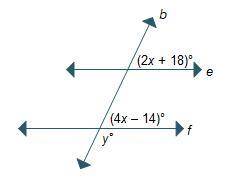 Parallel lines e and f are cut by transversal b. What is the value of y?

16
50
130
164
