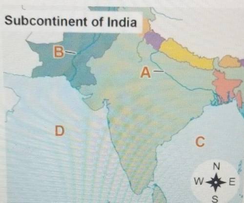 The map shows the Indian subcontinent. Which location on the map shows the Indus River? A B C D Who