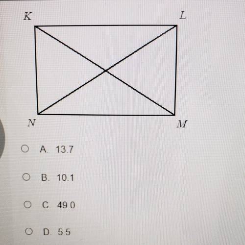 In rectangle KLMN, KM = 6x + 16, and LN = 49. Find the value of x.