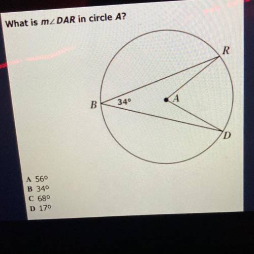 What is mZDAR in circle A?

R
B
340
D
B
A
A 56°
B 340
C 68°
D 170