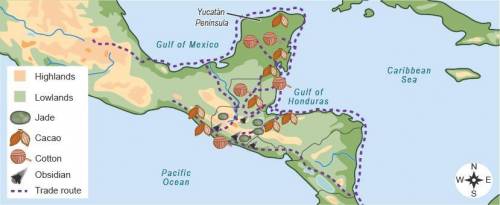 Review the map.

Based on the map, how did geography influence Mayan trade?
The Maya traded only i