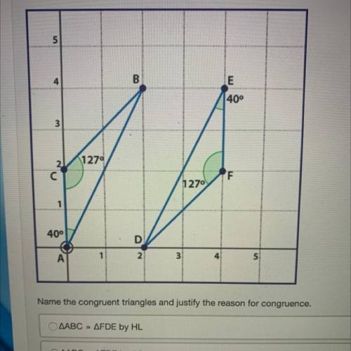 PLEASEEE HELP

Name the congruent triangles and justify the reason for congruence.
AABC - AFD