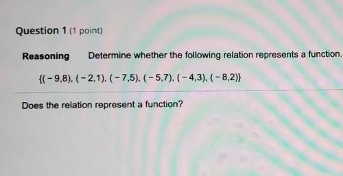 Determine whether the following relation represents a function.

{(-9,8), (-2,1), (-7,5), (-4,3),