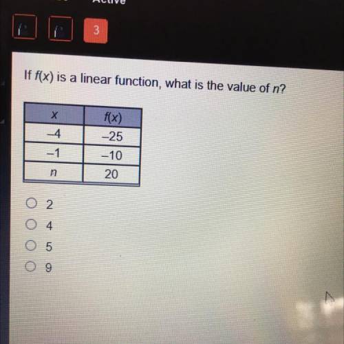 If f(x) is a linear function, what is the value of n?

х
f(x)
-25
4
-1
-10
n
20
O 2
0 4
O 5
09