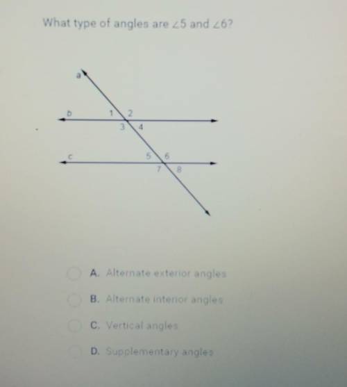 A. Alternate exterior angles

B. Alternate interior angles C. Vertical angles D. Supplementary ang